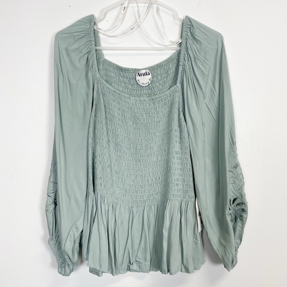 Arula Blouse Womens 1X Green Balloon Sleeve Embroidered Smocked Peasant Boho NWT